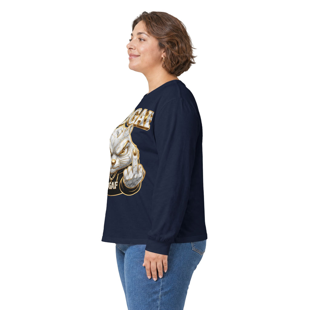 Long Sleeve Tee — Bold ‘DGAF’ Cat Graphic & Gold 3D Profanity Back