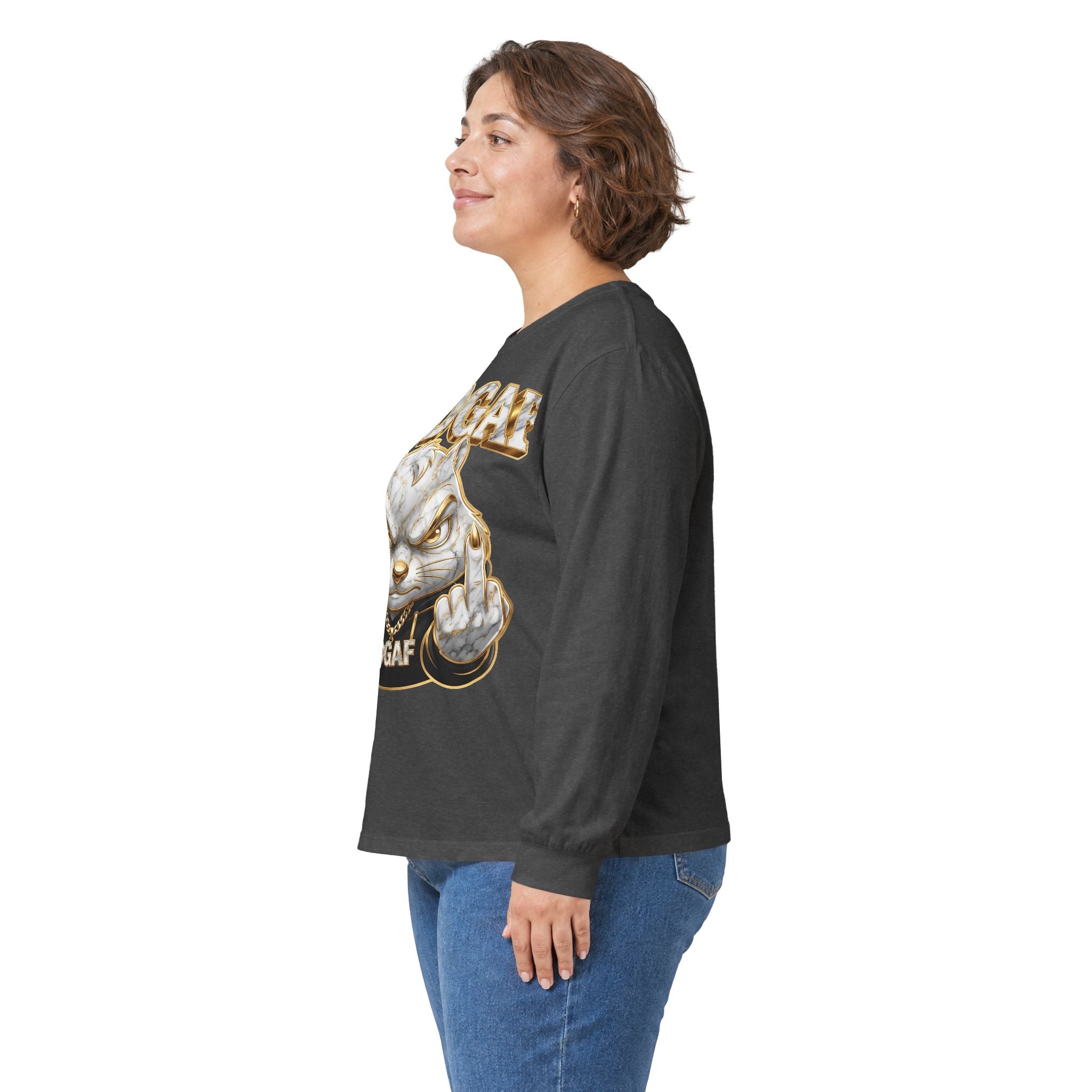 Long Sleeve Tee — Bold ‘DGAF’ Cat Graphic & Gold 3D Profanity Back
