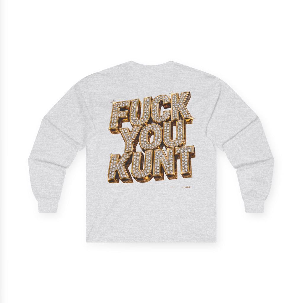 Long Sleeve Tee — Bold ‘DGAF’ Cat Graphic & Gold 3D Profanity Back