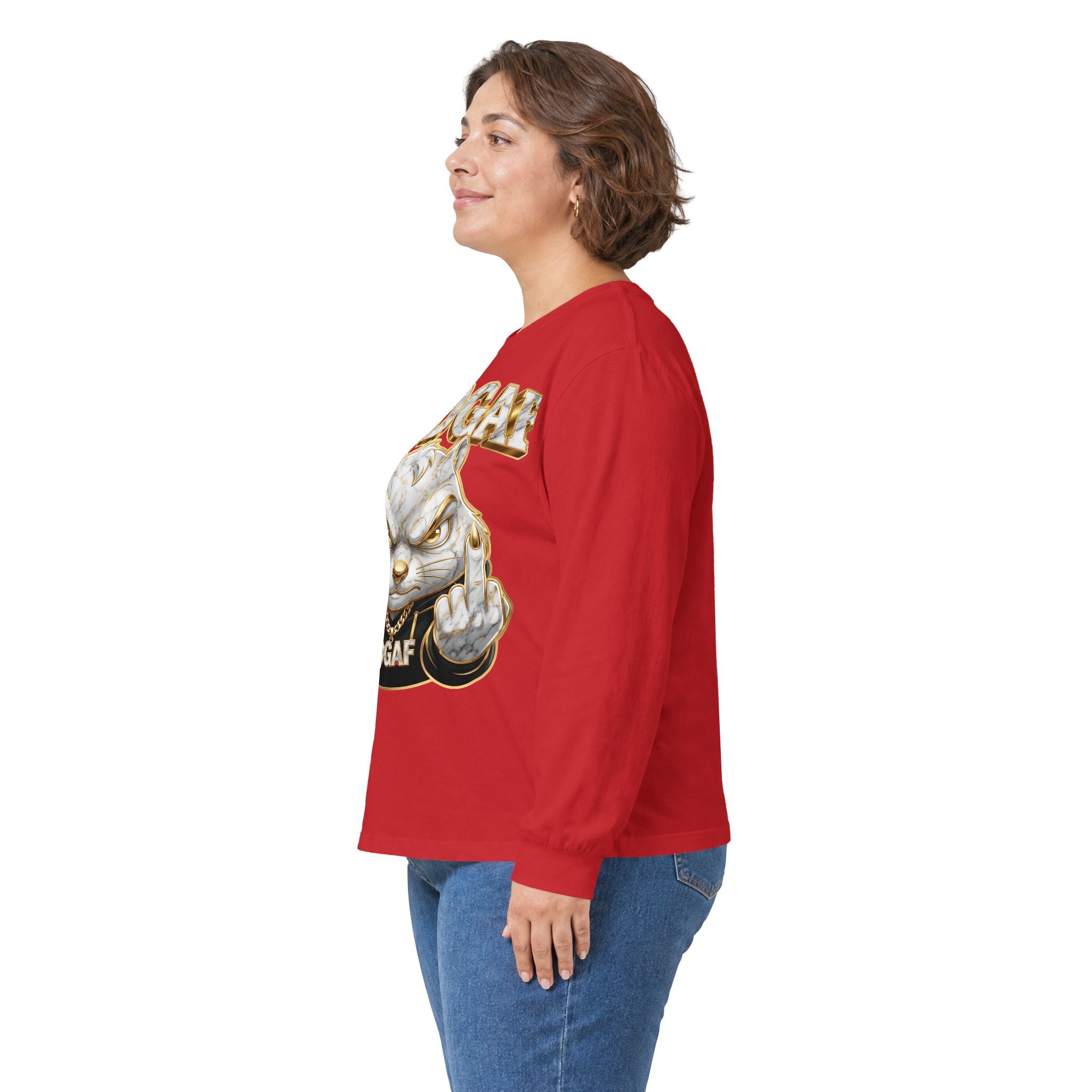 Long Sleeve Tee — Bold ‘DGAF’ Cat Graphic & Gold 3D Profanity Back