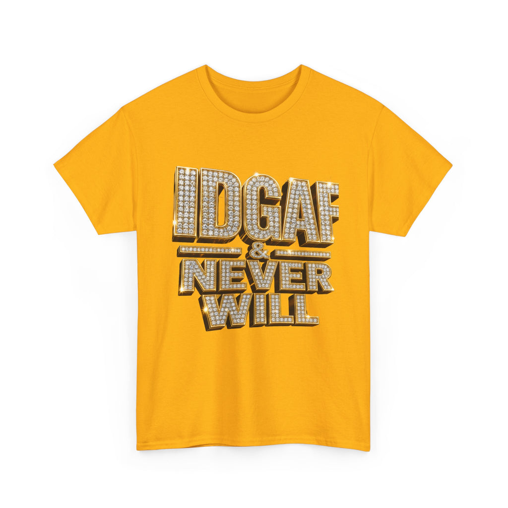 IDGAF Never Will Tee — Bold Rhinestone Text Graphic T‑Shirt