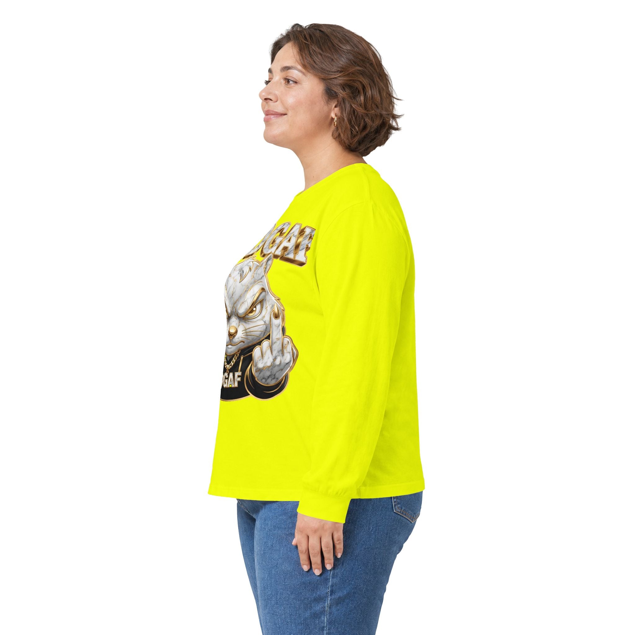 Long Sleeve Tee — Bold ‘DGAF’ Cat Graphic & Gold 3D Profanity Back