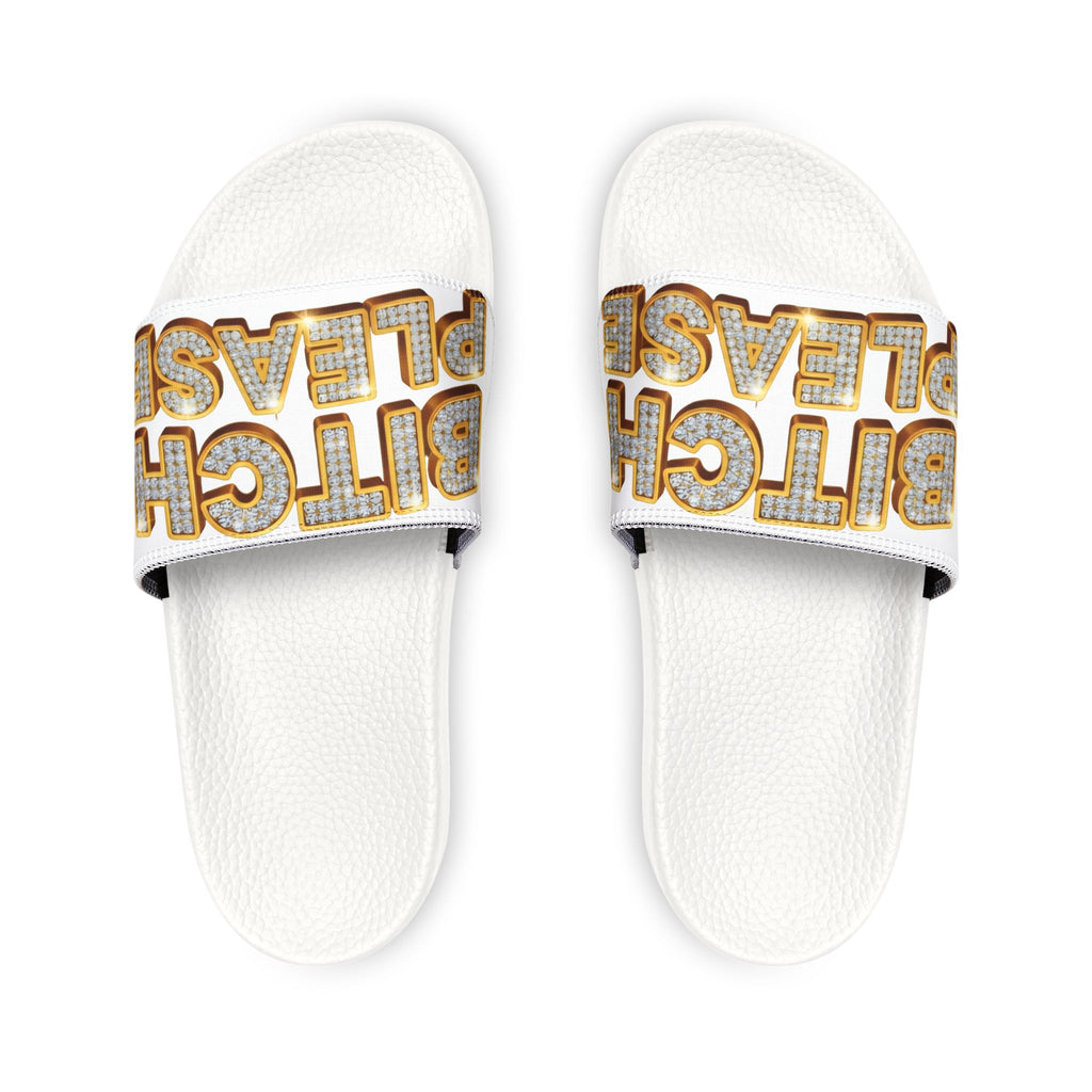 Youth Slide Sandals — 'Bitch Please' Gold Marquee Graphic