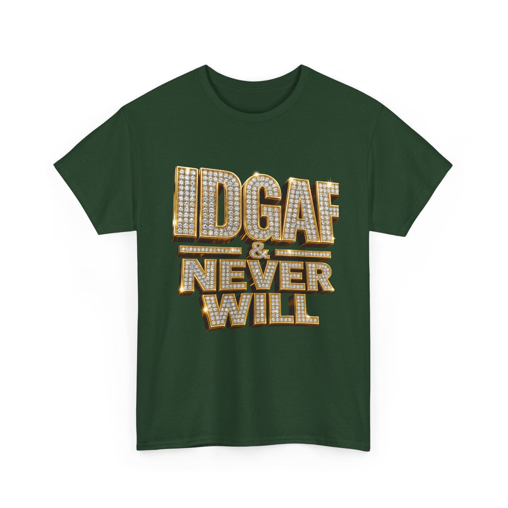 IDGAF Never Will Tee — Bold Rhinestone Text Graphic T‑Shirt