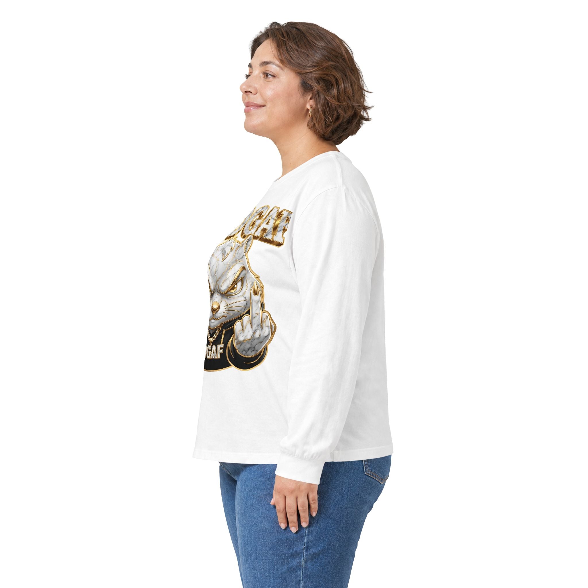 Long Sleeve Tee — Bold ‘DGAF’ Cat Graphic & Gold 3D Profanity Back