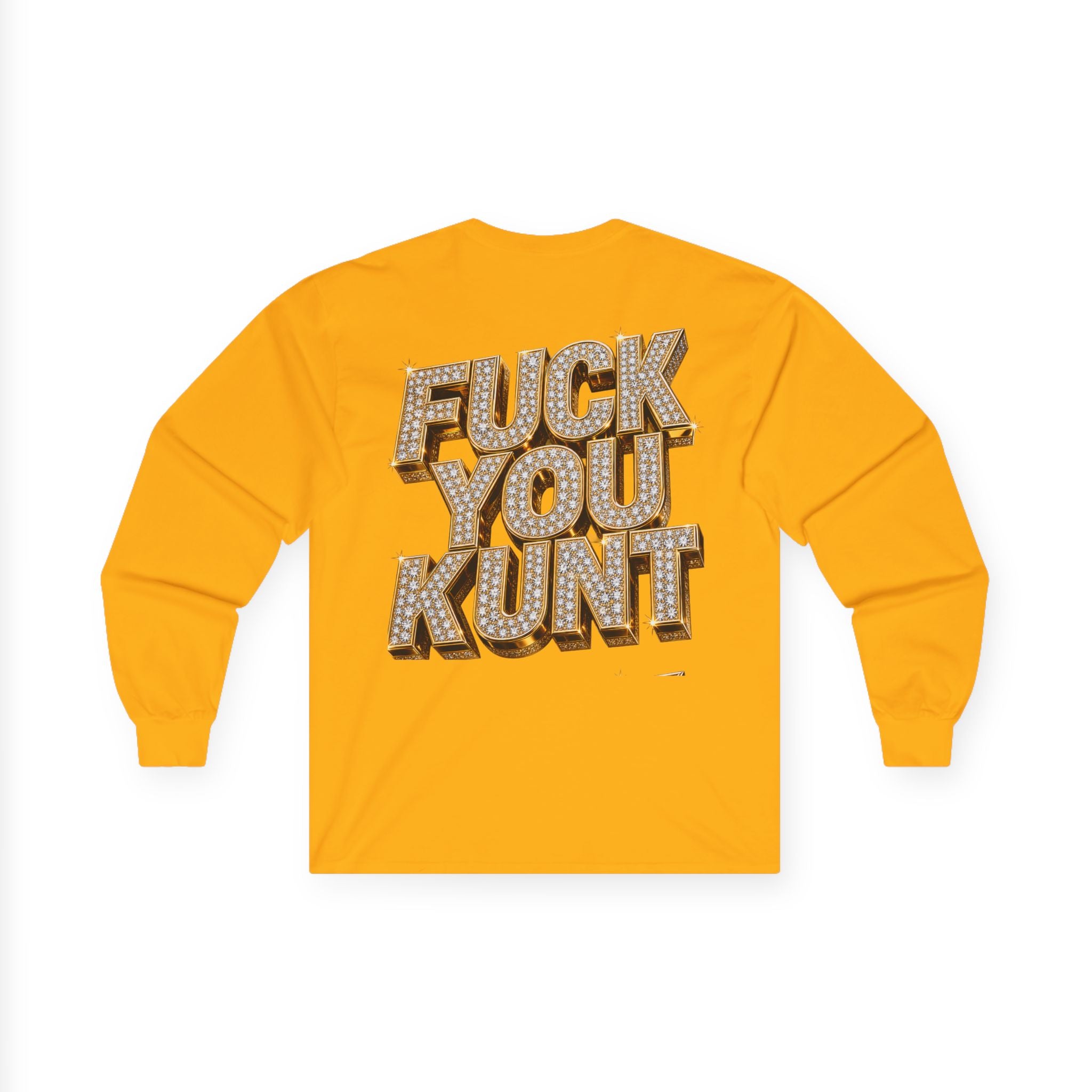 Long Sleeve Tee — Bold ‘DGAF’ Cat Graphic & Gold 3D Profanity Back