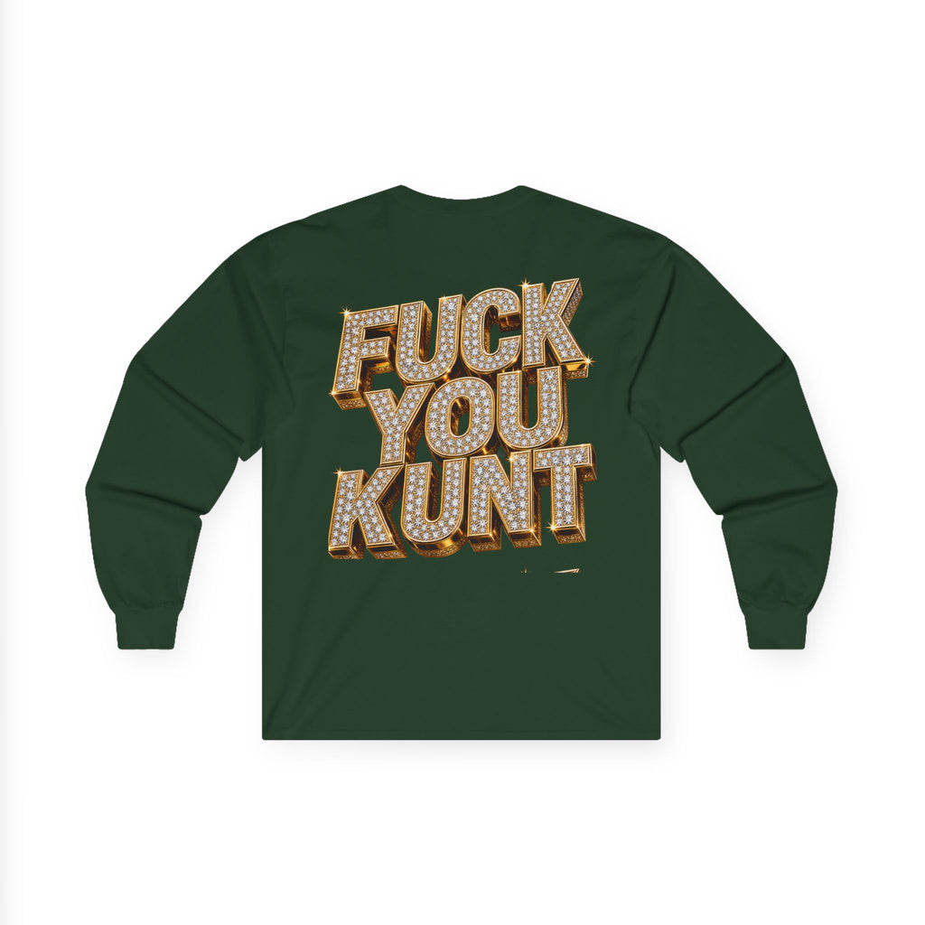 Long Sleeve Tee — Bold ‘DGAF’ Cat Graphic & Gold 3D Profanity Back