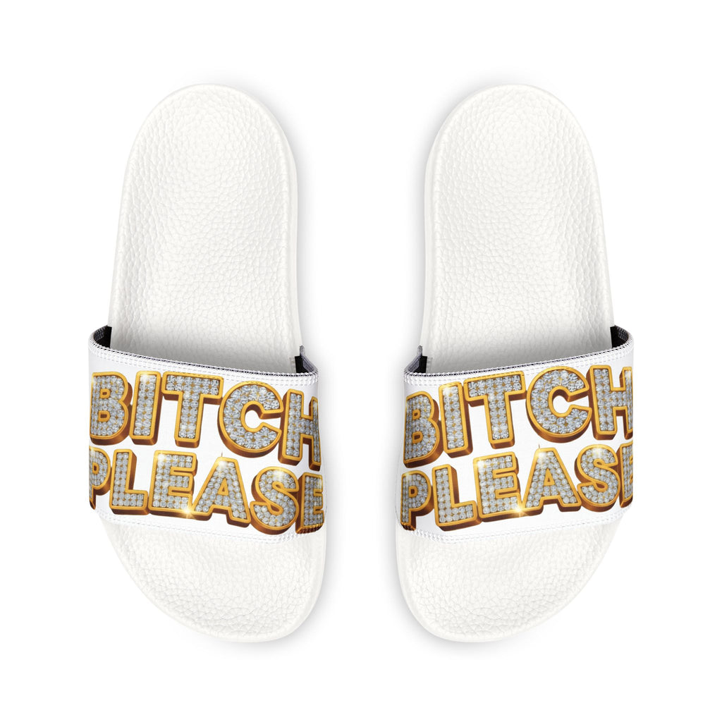 Youth Slide Sandals — 'Bitch Please' Gold Marquee Graphic