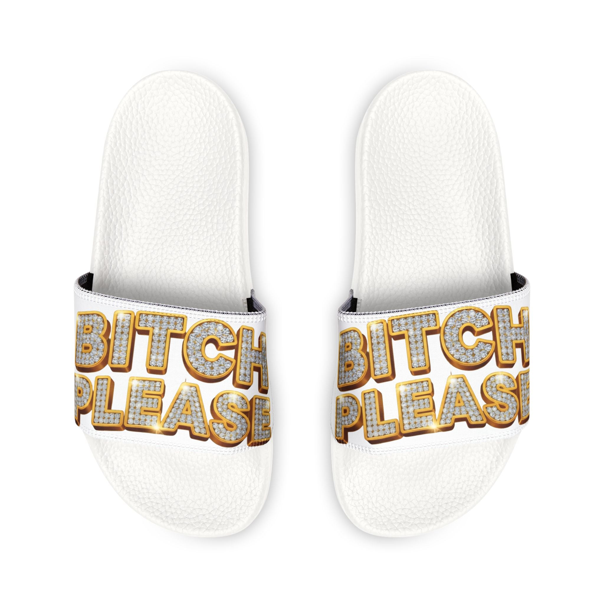Youth Slide Sandals — 'Bitch Please' Gold Marquee Graphic