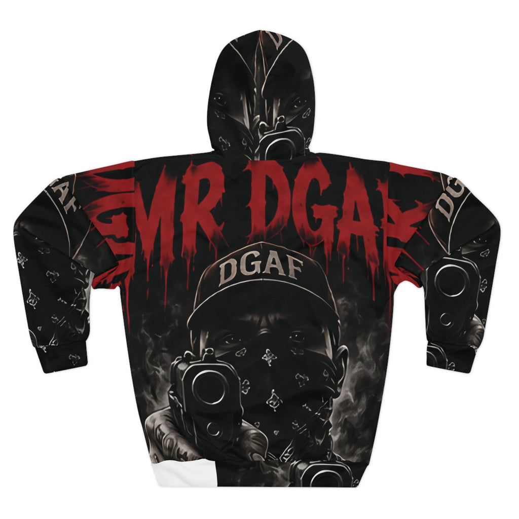 Hoodie — 'DGAF' Streetwear All-Over Print Pullover with Graphic Bandana Mask & Gun Motif