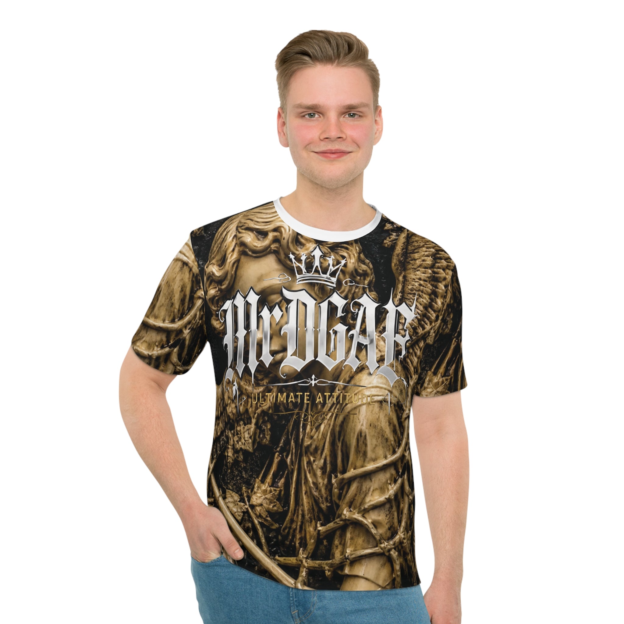 Angel Statue Graphic Tee — Vintage Gothic All-Over Print Shirt