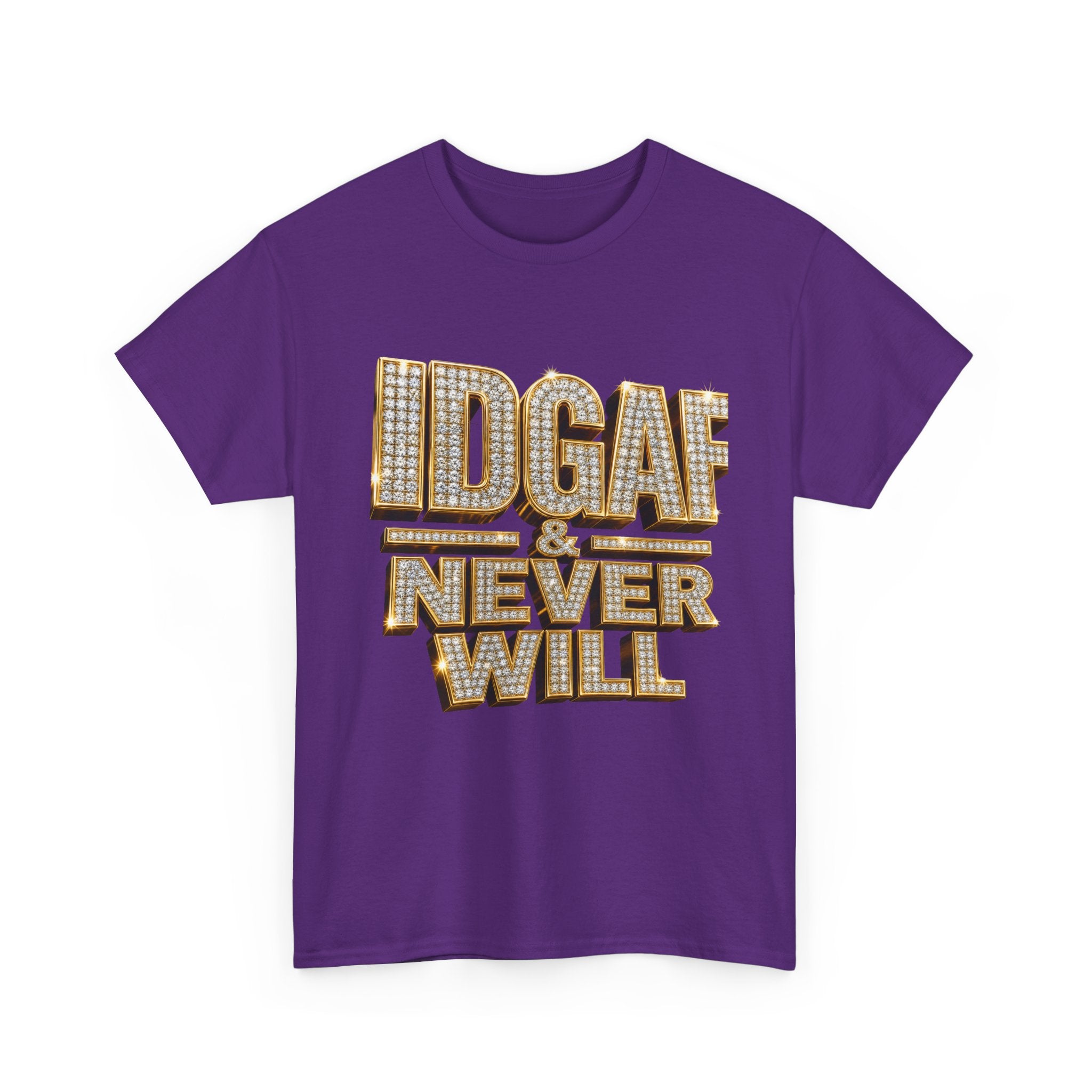 IDGAF Never Will Tee — Bold Rhinestone Text Graphic T‑Shirt