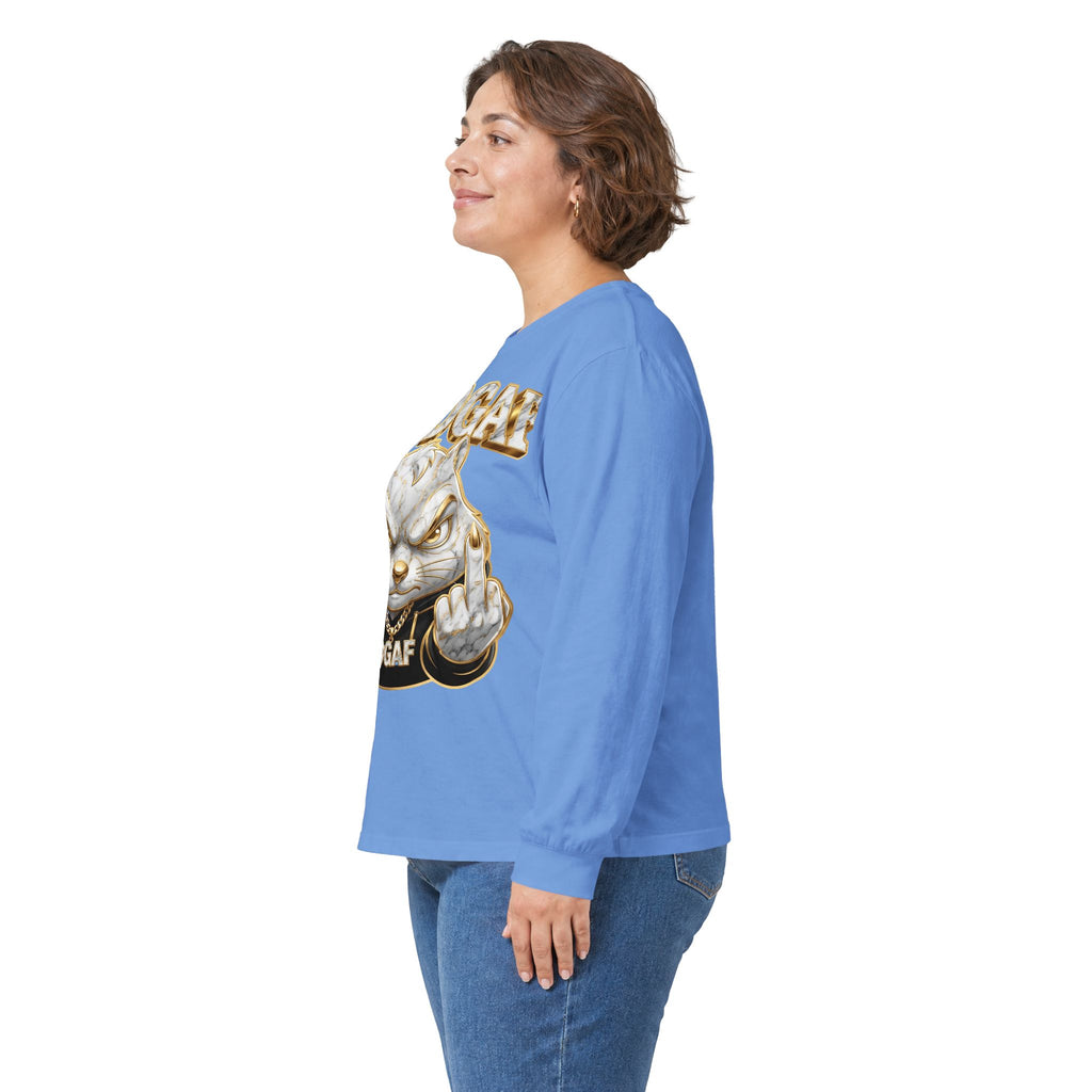Long Sleeve Tee — Bold ‘DGAF’ Cat Graphic & Gold 3D Profanity Back