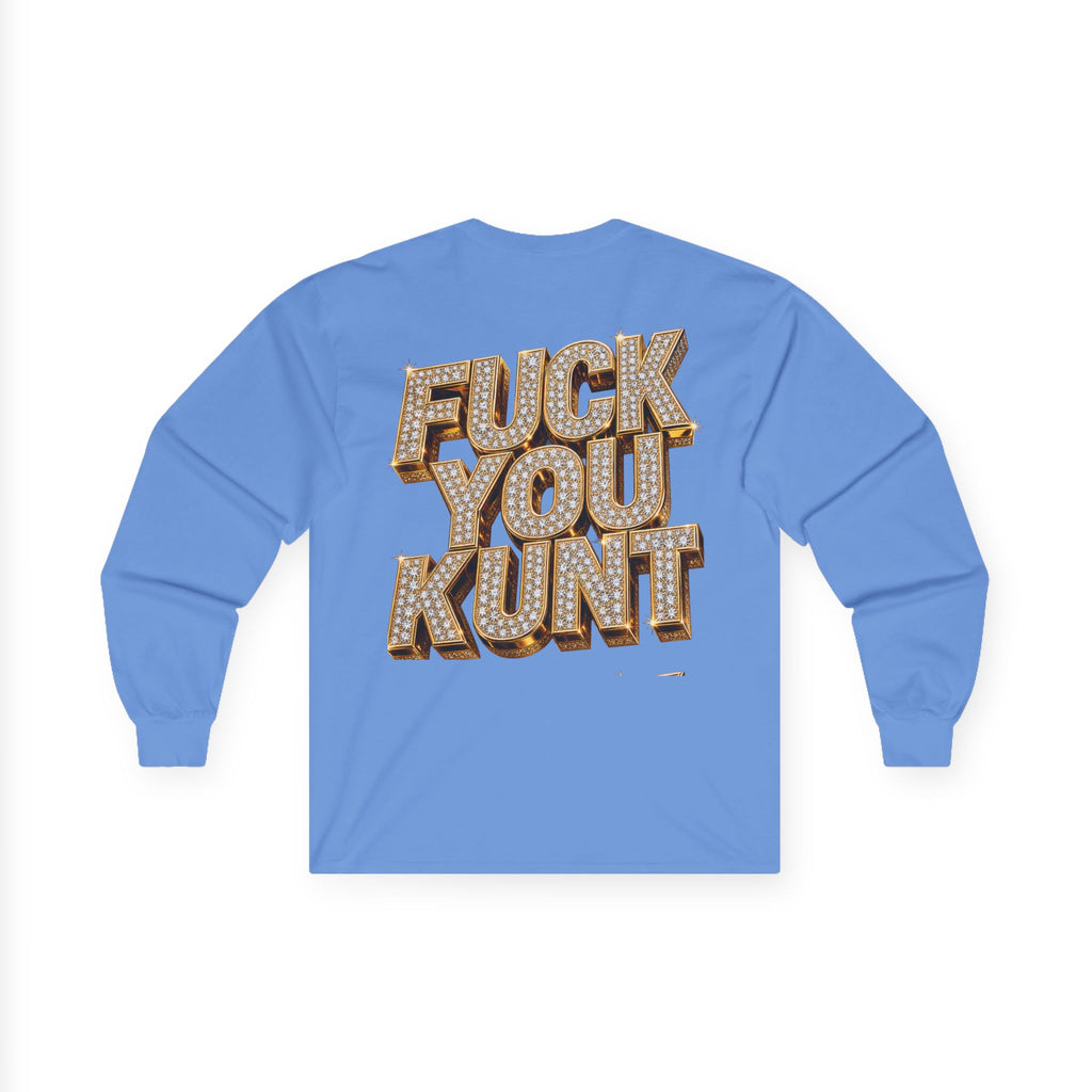 Long Sleeve Tee — Bold ‘DGAF’ Cat Graphic & Gold 3D Profanity Back