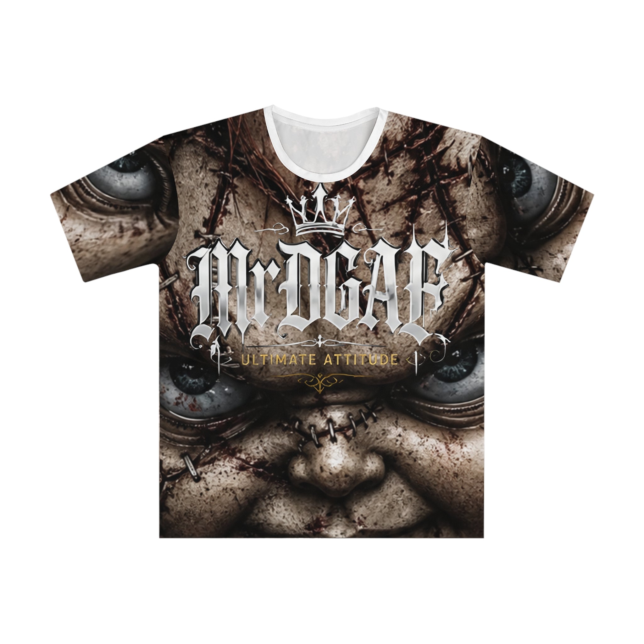 Men's Graphic T-Shirt — 'Mr. Dead' Creepy Doll Face All-Over Print