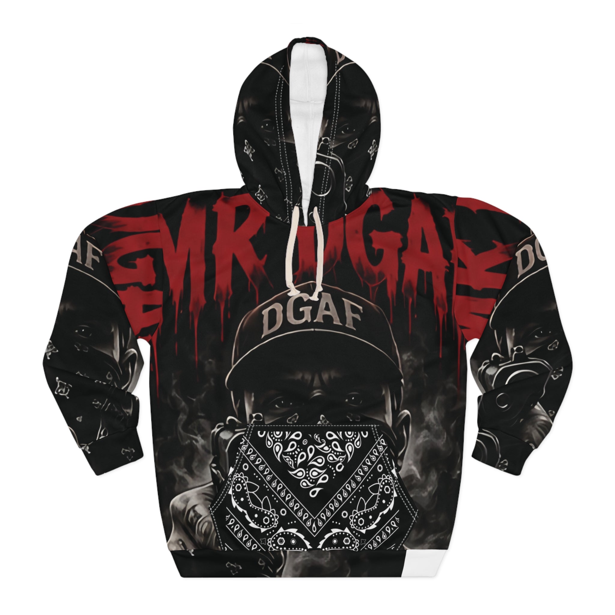 Hoodie — 'DGAF' Streetwear All-Over Print Pullover with Graphic Bandana Mask & Gun Motif