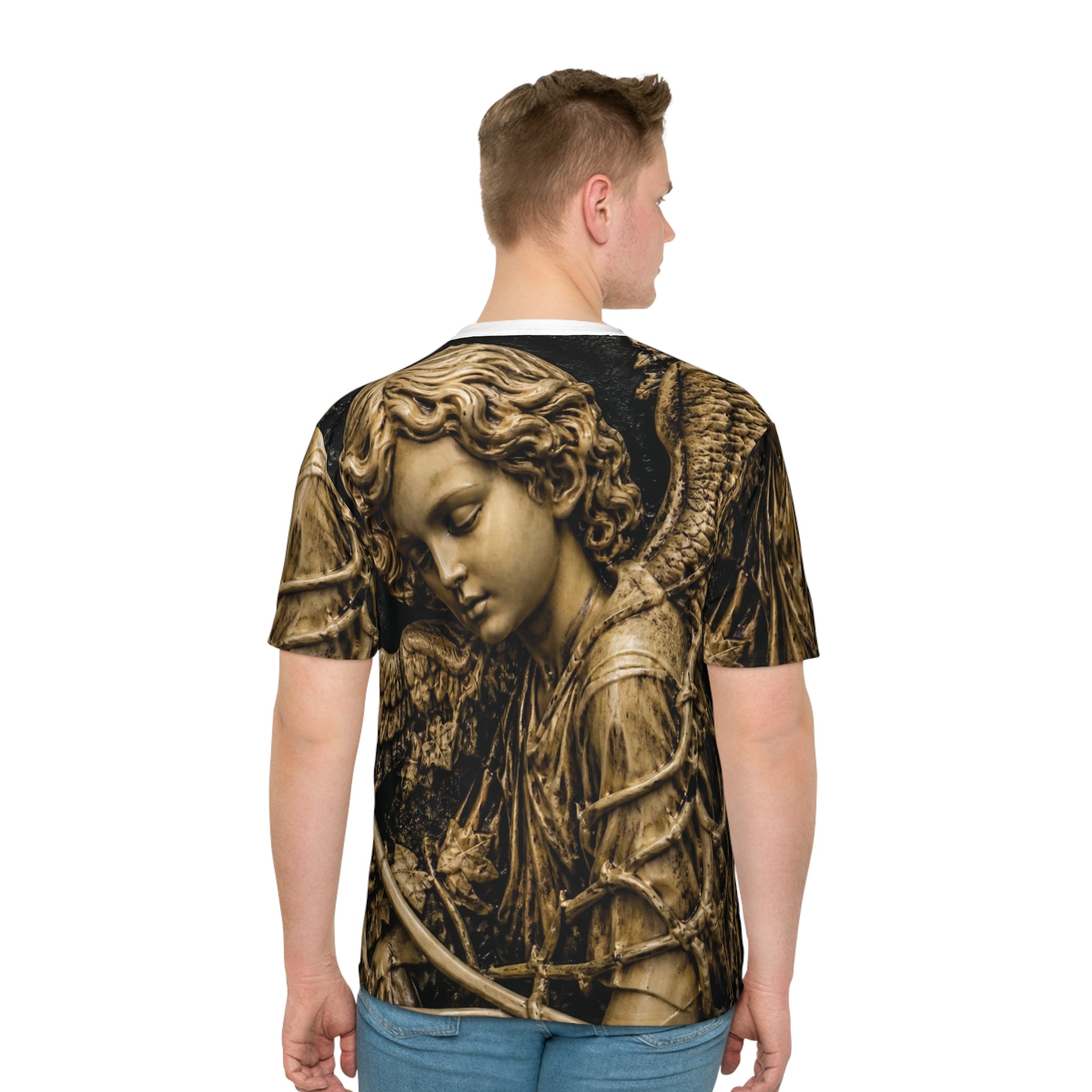Angel Statue Graphic Tee — Vintage Gothic All-Over Print Shirt