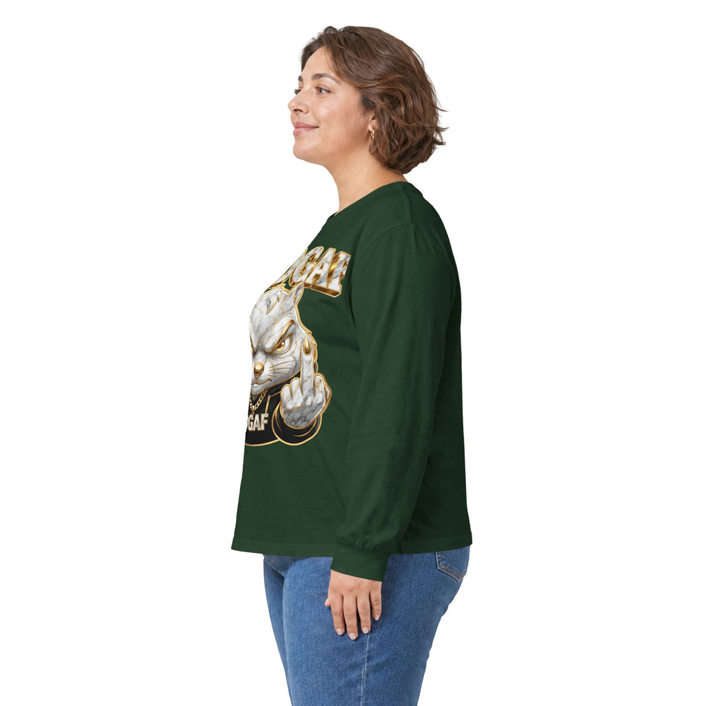 Long Sleeve Tee — Bold ‘DGAF’ Cat Graphic & Gold 3D Profanity Back