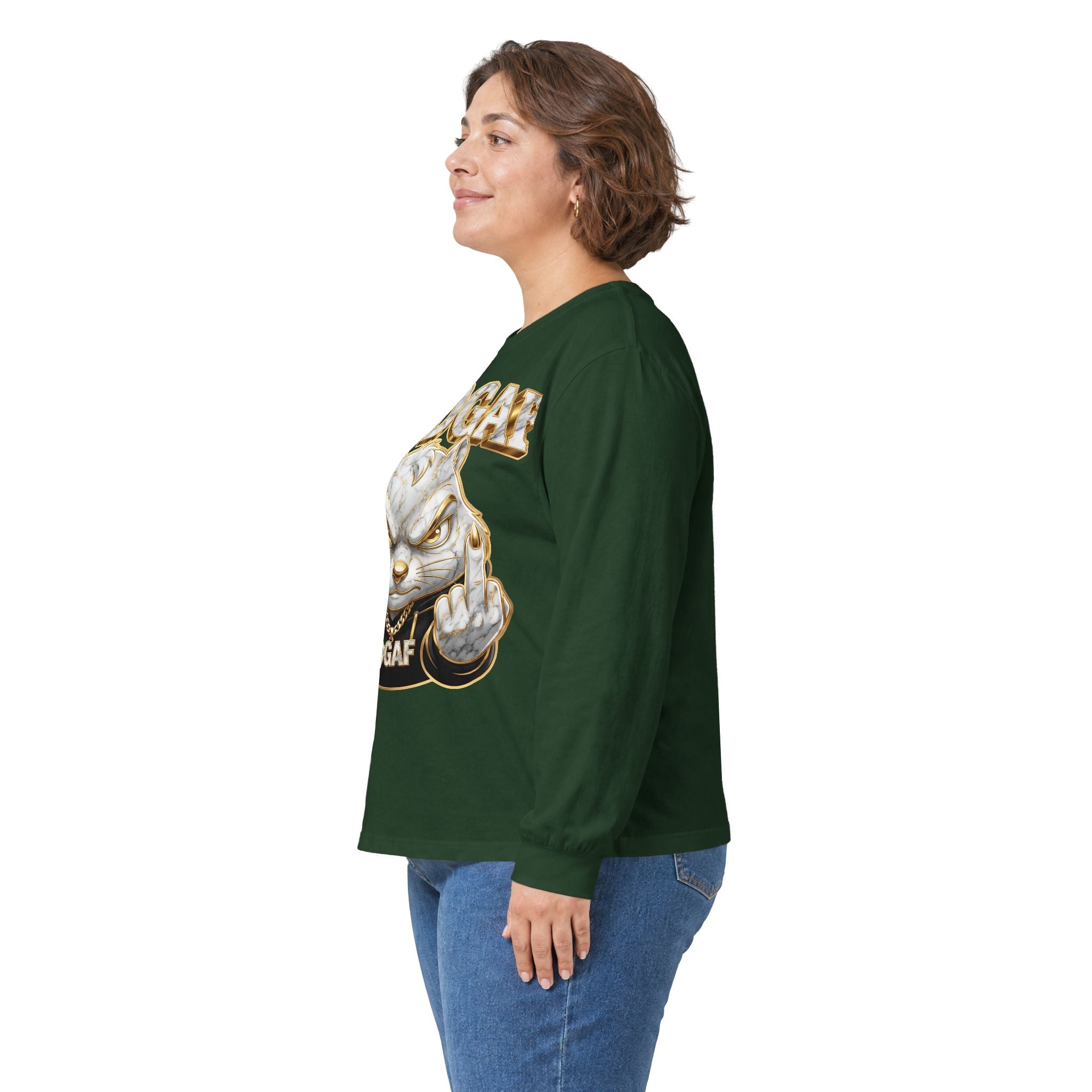 Long Sleeve Tee — Bold ‘DGAF’ Cat Graphic & Gold 3D Profanity Back
