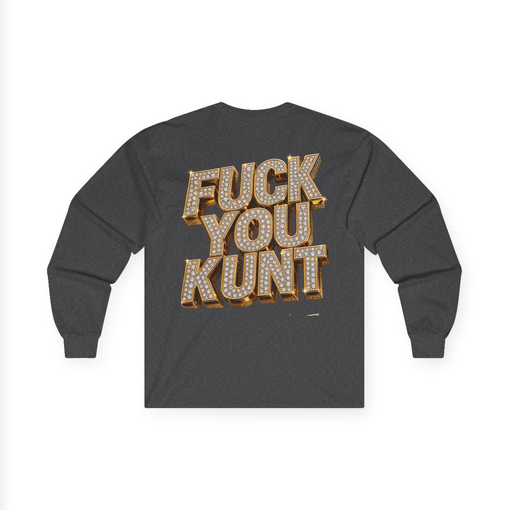 Long Sleeve Tee — Bold ‘DGAF’ Cat Graphic & Gold 3D Profanity Back