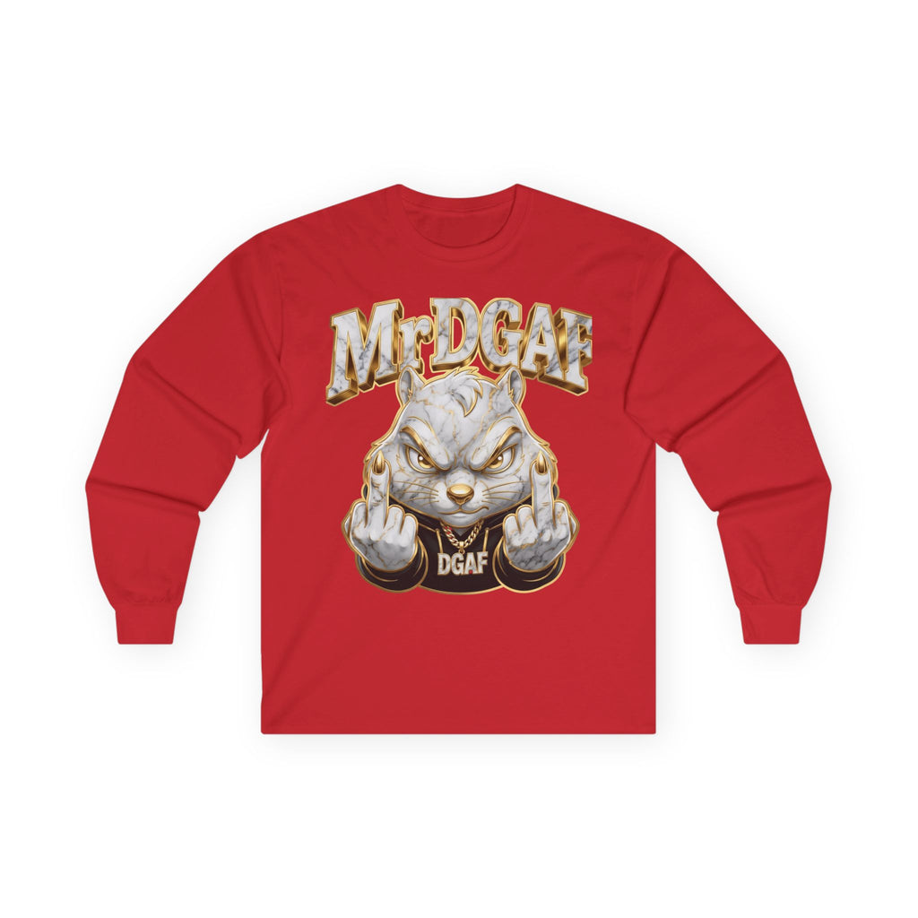 Long Sleeve Tee — Bold ‘DGAF’ Cat Graphic & Gold 3D Profanity Back