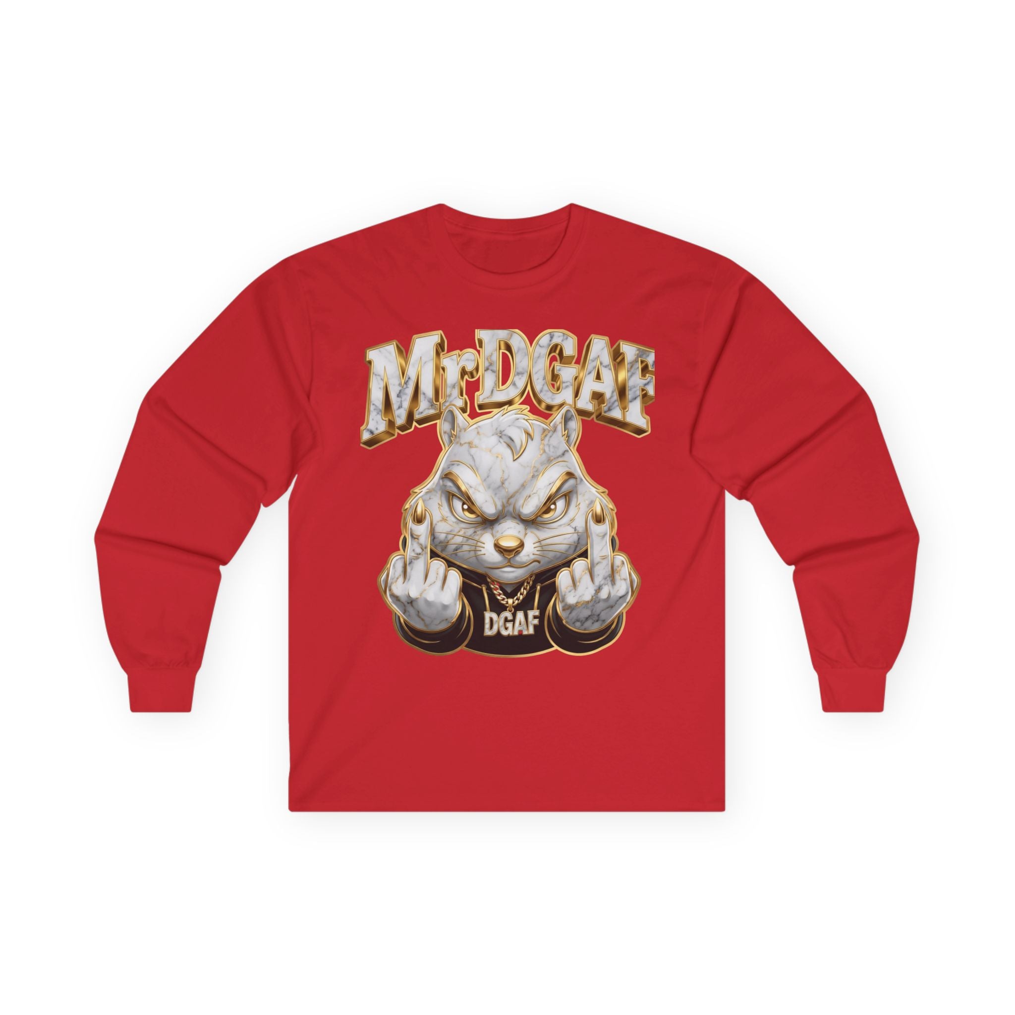 Long Sleeve Tee — Bold ‘DGAF’ Cat Graphic & Gold 3D Profanity Back
