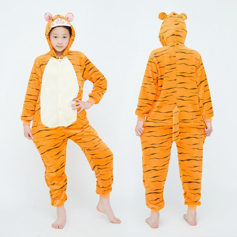 Mixed batch autumn and winter flannel children's cartoon conjoined animal pajamas Tigger home clothes too long thick wholesale