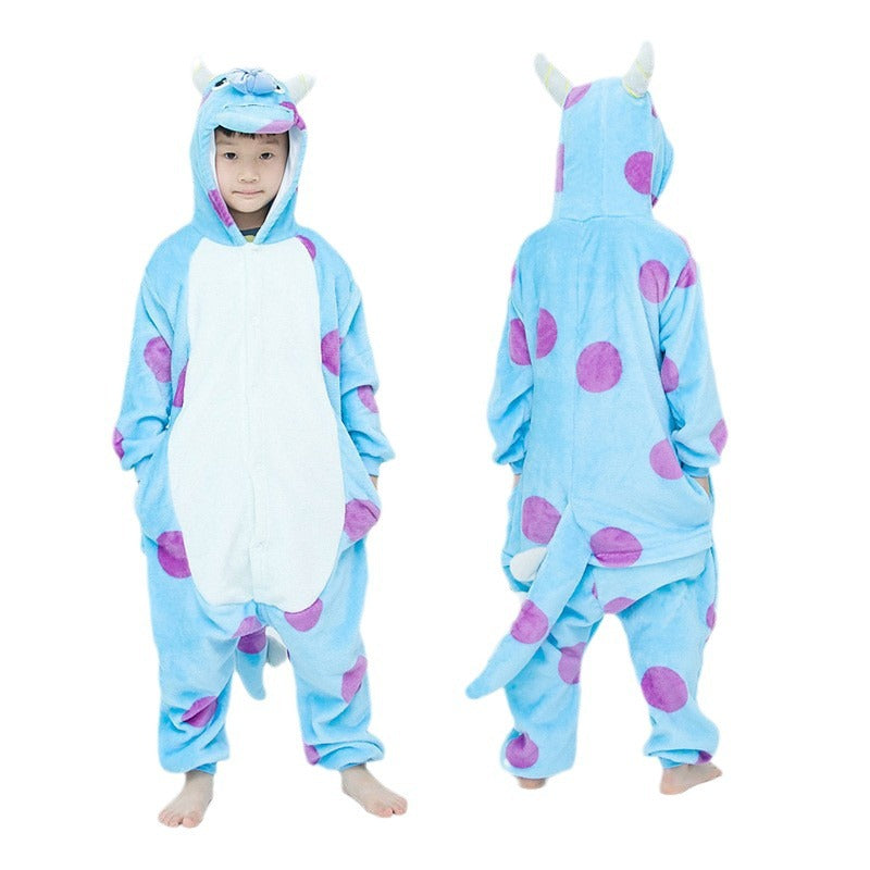 Mixed batch autumn and winter flannel children's cartoon conjoined animal pajamas Tigger home clothes too long thick wholesale